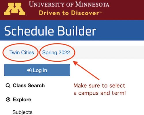 Screenshot of Schedule Builder with campus and term circled