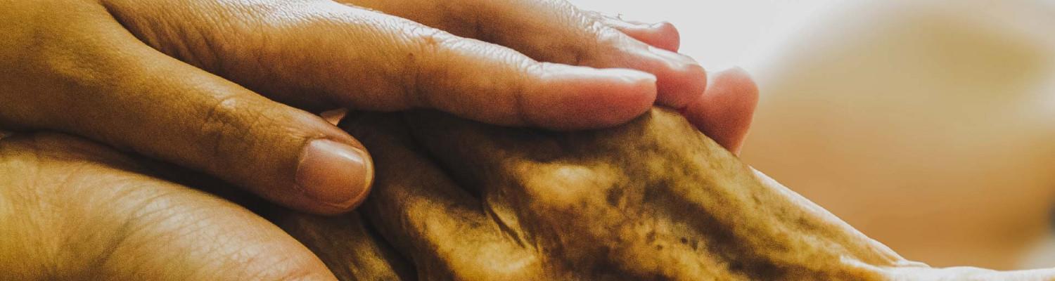 An adult pair of hands hold a very old person's hand