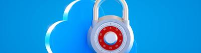 blue background with blue cloud and red and silver combination lock graphics